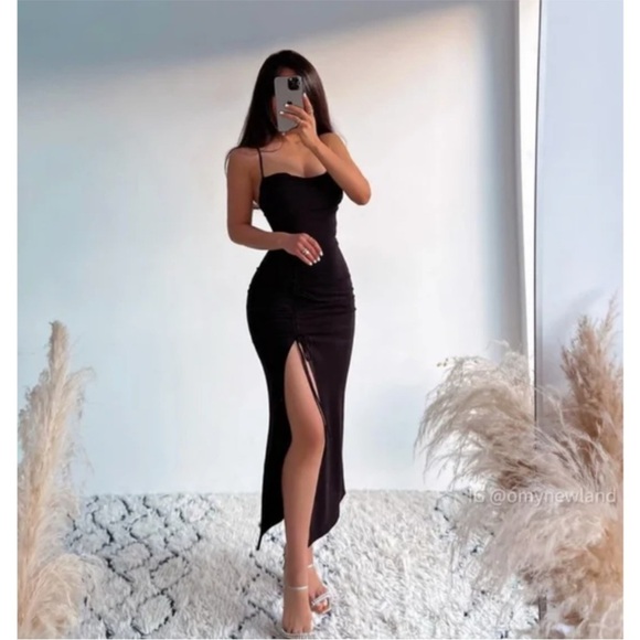 Zara Black Draped Strappy Ruched Midi Dress | Size Small Blogger Favorite - Picture 7 of 13